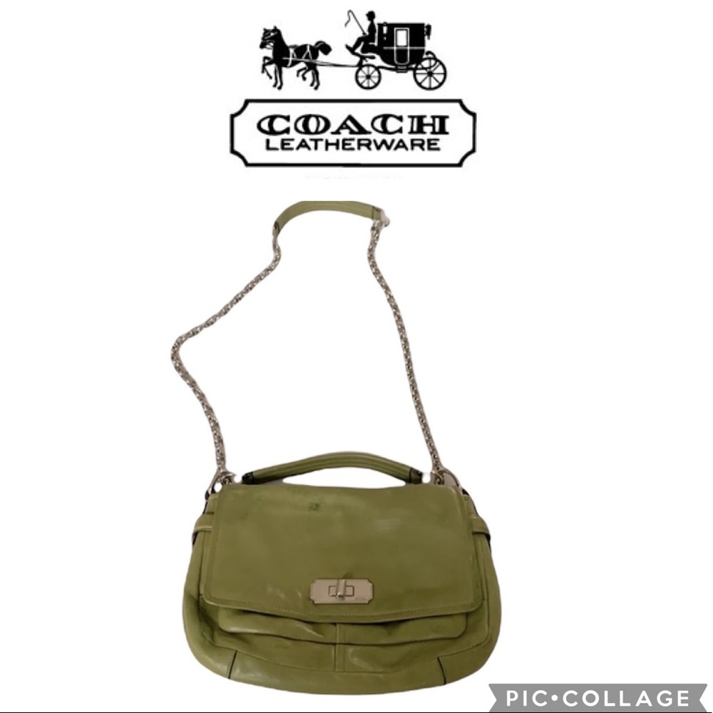Coach Green Purse with Silver Chain.